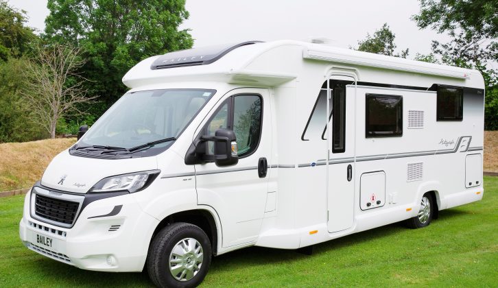 The 7.79m-long Autograph 79-4 is the only model in this line-up of Bailey motorhomes with an island-bed layout