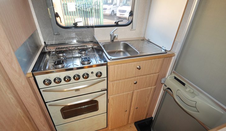 There’s a full-size oven and a sink with a permanent drainer in the end kitchen of this Autocruise motorhome