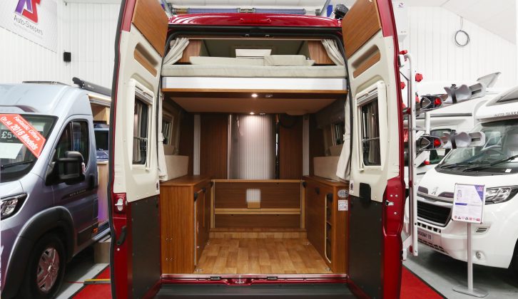 As standard, the Globecar Campscout Revolution ships with a drop-down double bed – raise it (there are controls at both ends) to maximise space for loading beneath