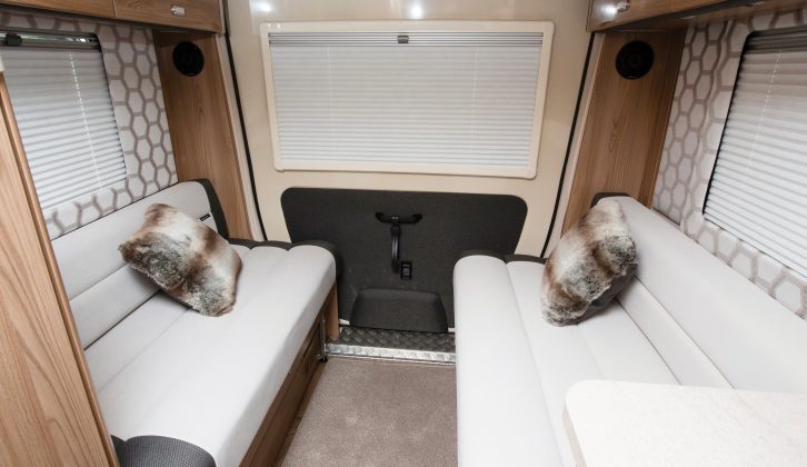 The Swift Rio 340’s comfortable rear lounge, seen here with the standard ‘Cordone’ soft furnishings scheme, is a cosy bolt-hole