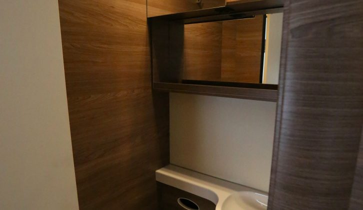 And here's the smart-looking washroom of the 2018 Knaus L!VE Wave 700 MEG
