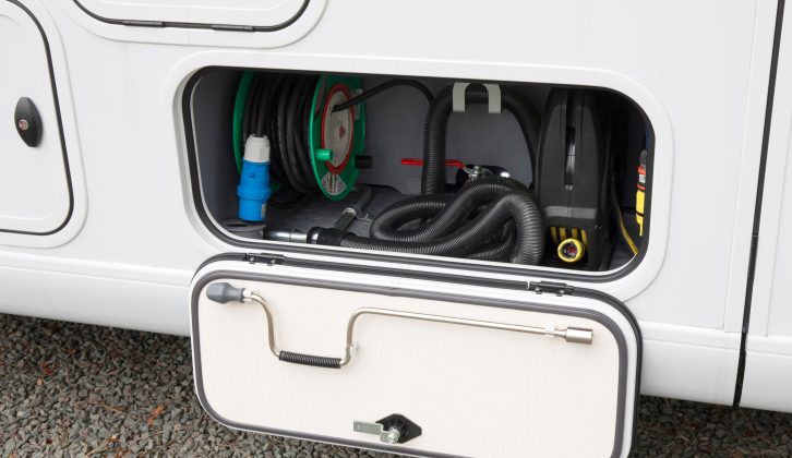 A single service hatch holds the electric hook-up cable and water connections – it’s a neat solution to keeping cables tidy