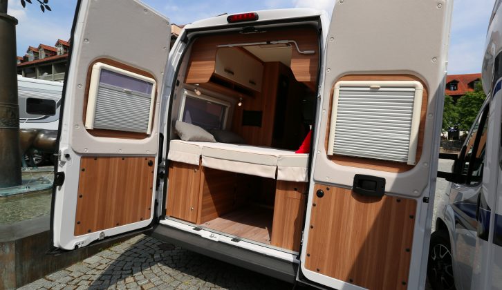 This shows the double bed at the rear of the new-for-2018 Weinsberg CaraBus 601 DQ