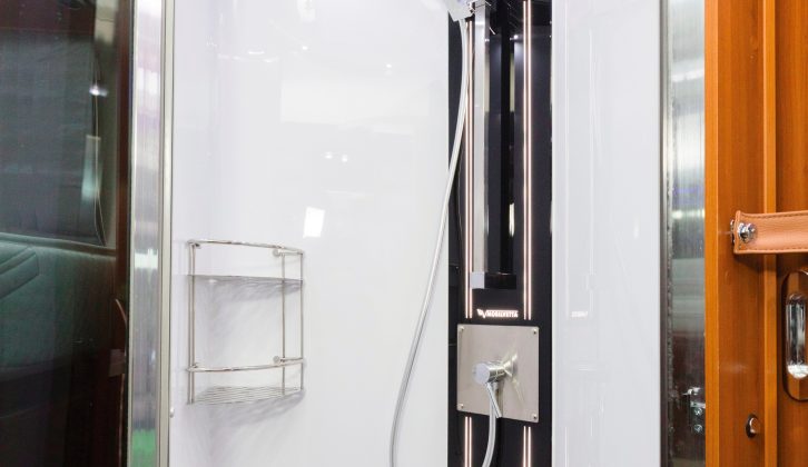 There’s a high spec level in the Mobilvetta K-Yacht Tekno Line MH-85’s shower cubicle, with a modern shower head, racks for storage and a hanging rail for wet clothes