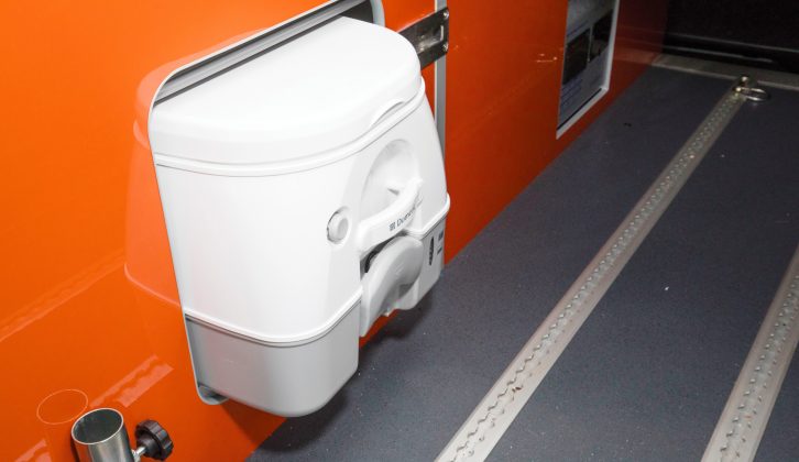 The optional portable toilet (£100) is stored in the kitchen unit – it needs to be gently turned around before you can get it out