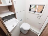 The end washroom is surprisingly spacious for a compact motorhome and benefits from receiving natural light