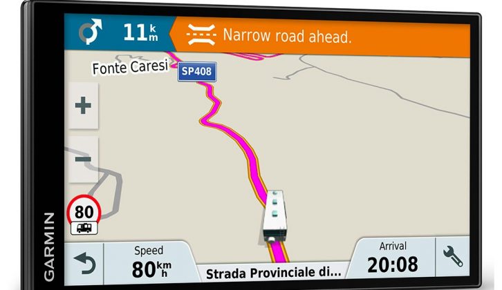Among useful warnings, the Garmin notifies the driver of narrow roads so they know to take extra care – handy with a big ’van!