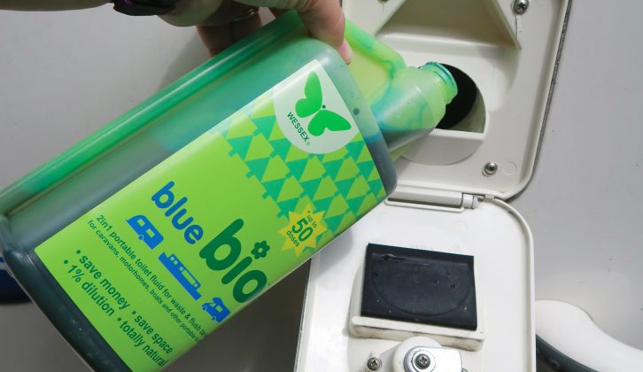 This dual toilet cleaner can be used in the waste tank and poured into the flushing water supply