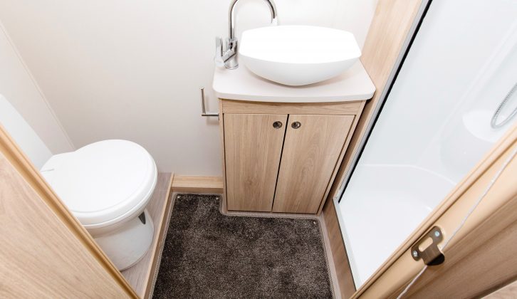 The full-width end washroom in the Elddis Accordo 105 isn’t enormous, but there should be enough room in here for an adult to dress
