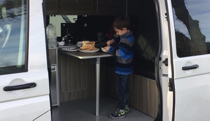 Thomas enjoys his Coco Pops in Boris, the hired VW camper van