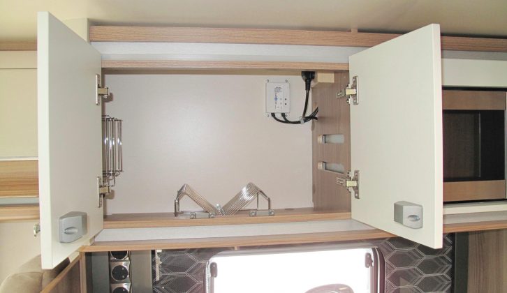 These two lockers and a microwave are located above the kitchen in this Swift motorhome