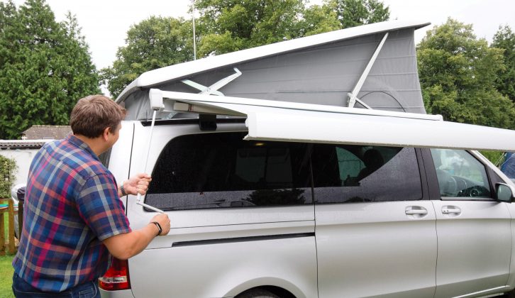 We found the awning was simple to use – the winder can be stored in the rear load area