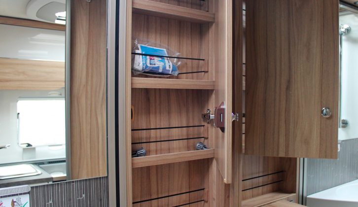 There's plenty of storage in the Hymer Exsis-i 474's washroom, with retainers so items stay put