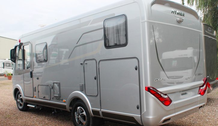 Large doors on either side provide access to this motorhome's garage