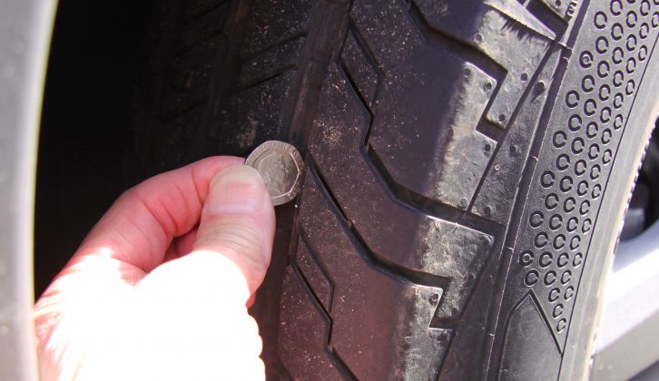 Examine tyre sidewalls for damage, bulges and cracking, and check tread depth – the minimum is 1.6mm but we’d change it at 3.0mm. Use a 20p coin on its edge – if the outer ridge is hidden, the tyre should be legal