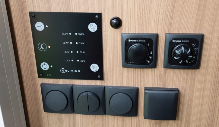 Easily accessible controls for utilities are on a wall panel –
 Truma Combi 4 is standard, or 4E if you choose the Comfort Pack