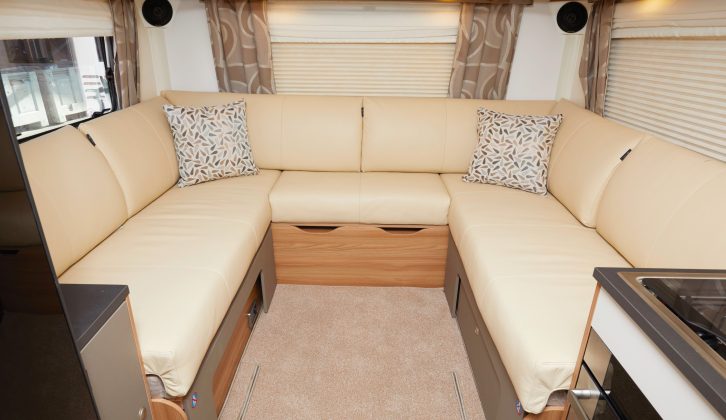 The rear U-shaped lounge of this Bailey Autograph 68-2 makes up into a 2.12 x 1.56m (6’11” x 5’1”) double bed...