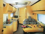 Looking rearwards in a 3004 –
 note that the single dinette can be made into a long inward-facing sofa or replaced by permanent bunks