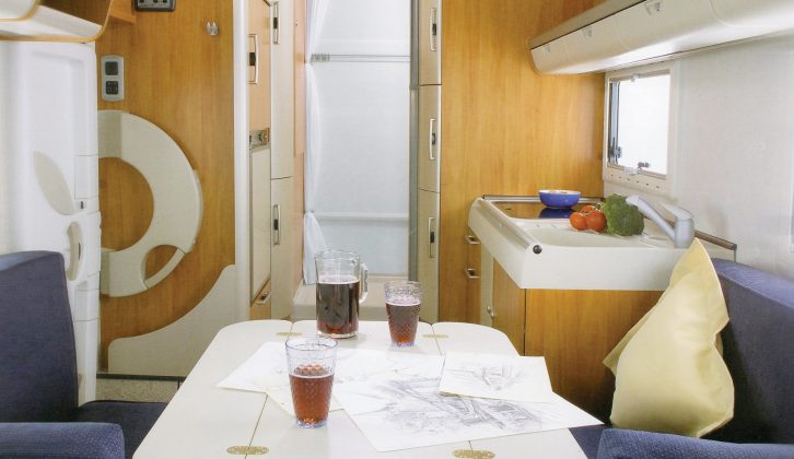 Looking backwards in the Hymer Exsis SK, the across-the-rear shower and changing area has a useful hide-away privacy door
