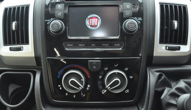 The standard Fiat Ducato cab includes spec bumps such as a stereo with sat nav and a reversing camera