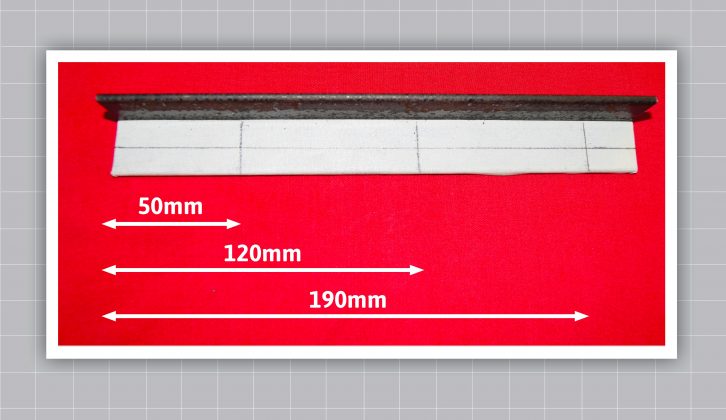 Put masking tape on one inner surface of one piece of steel –
 mark the centre line and points at 50mm, 120mm and 190mm