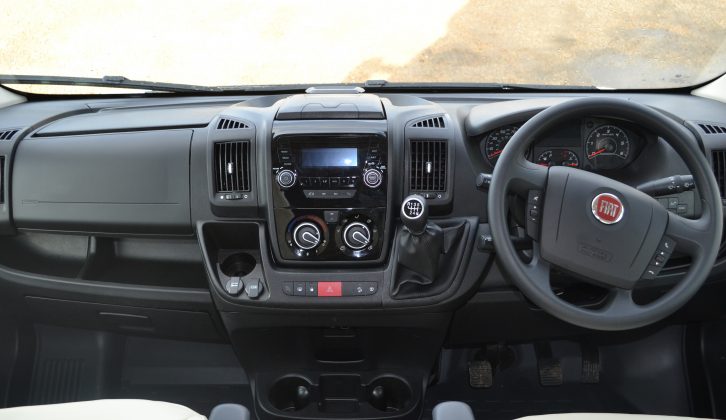 Based on the Fiat Ducato, the Fusion 379 has a fairly standard cab, albeit with handy cubbyholes in the pelmet above