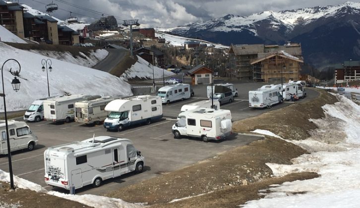 Many aires are in idyllic locations. This aire in La Plagne, France, is ideally placed for visitors who like to ski in the winter or mountain-bike in the summer