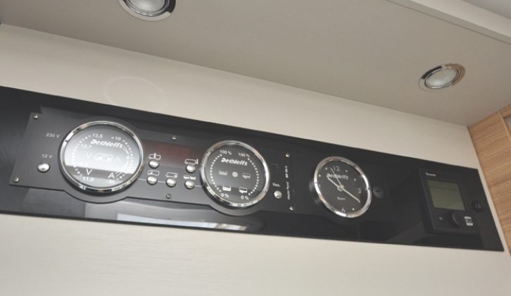 The 'van includes Dethleffs' hallmark triple-dial analogue display panel