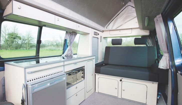 The Celex has traditional VW layout of swivel cab seats, an offside run of furniture and a double rock 'n' roll seat/bed at the rear