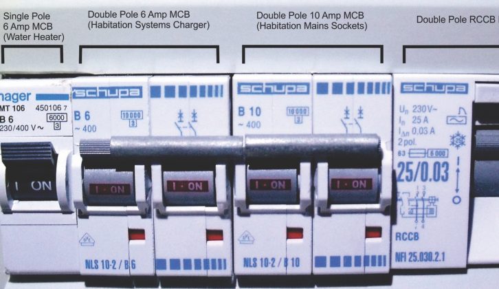 A typical two-pole consumer unit used in motorhomes. This provides overcurrent and shock protection to both habitation electronic control box and mains sockets
