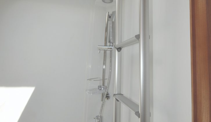 The bed ladder stowed in the washroom could be handy for hanging clothes and towels to dry