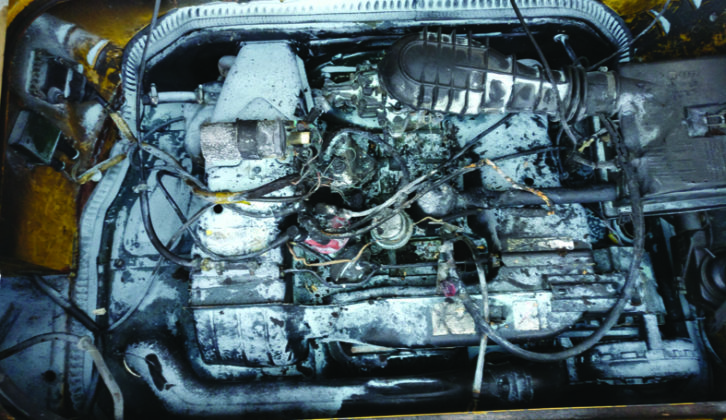 Post-fire engine bay. The insurance company wanted to write Wilma off, but Nigel and Jenny persevered