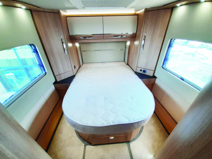 Island bed does not roll back to make a day-bed, but bedroom is well-lit, with a rooflight, large windows and LEDs