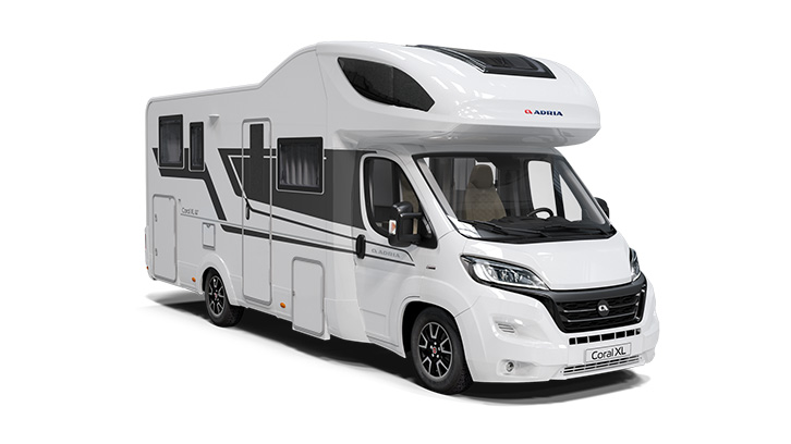 Exterior shot of the Adria Coral XL 670 DK on a white background, shortlisted for best 6 berth motorhome