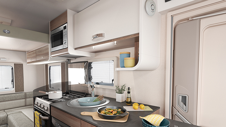 The kitchen area of the Swift Select Compact C500, winner of the best low-profile motorhome at the Practical Motorhome Awards 2022