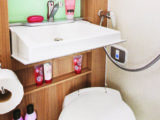 Well-appointed comfort station consists of toilet, foldaway basin, shower and storage