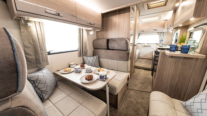 Interior photo of the Elddis Autoquest 196's lounge and kitchen area, shortlisted for best 6 berth motorhome