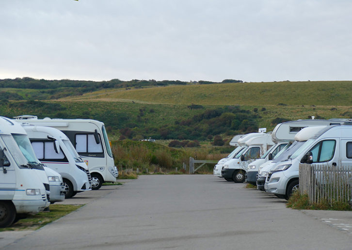 Motorcaravanning is as popular as ever in France; here motorhomes parked up at an aire in Sangatte, near Calais