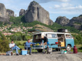 Parked up with the vintage VW campervan at Meteora in Greece during filming Gordon, Gino and Fred Go Greek