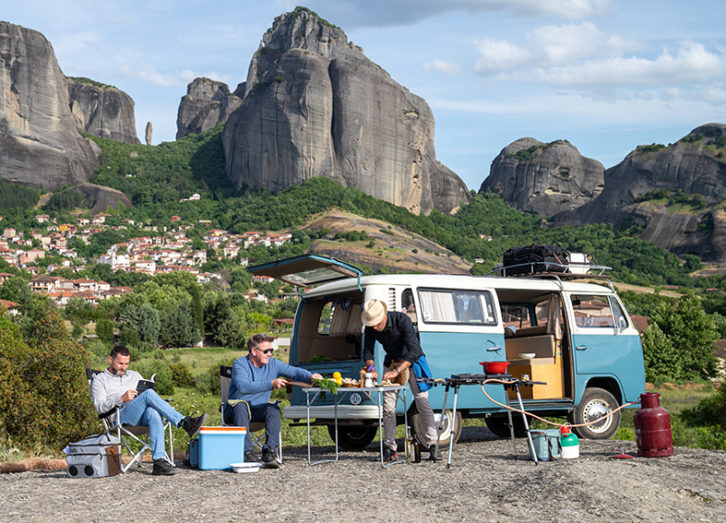 Parked up with the vintage VW campervan at Meteora in Greece during filming Gordon, Gino and Fred Go Greek