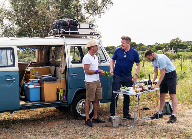 Gino D'Acampo, Gordon Ramsay and Fred Sirieix enjoy a feast by their vintage VW campervan, as Gino cooks a risotto with the black summer truffles.