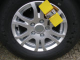 A wheel clamp in place