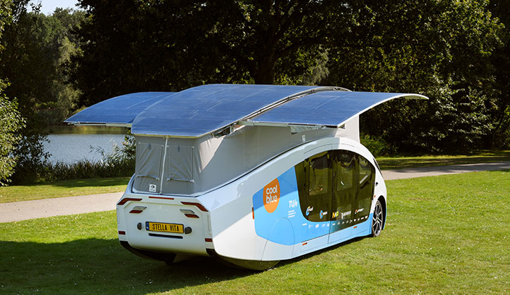 The Stella Vita with its roof raised and solar panels extended.