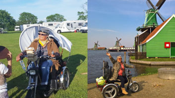 Two side by side photos of Anne on her motortrike
