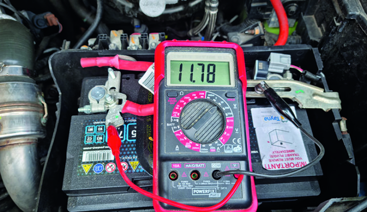 To check the alternator, leave the multimeter connected and start the engine - this vehicle has a smart alternator (not always on), so the voltage has dropped...