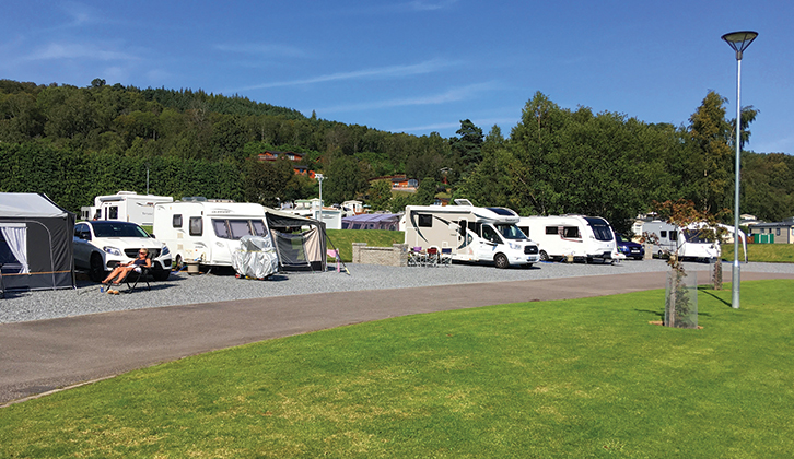 Caravans and motorhomes parked at Grantown-on-Spey Caravan Park