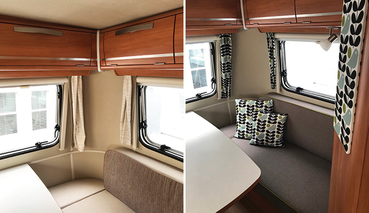 A before and after of Anna's revamp of her motorhome's furnishing fabrics