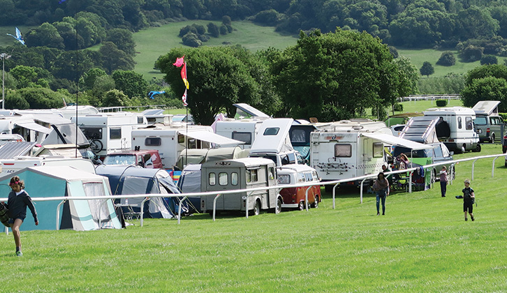 Motorhomes and caravans pitched up at a festival