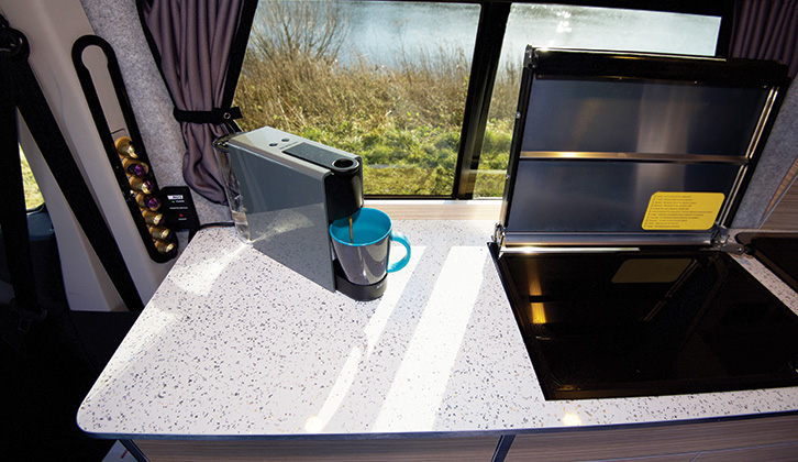 A coffee machine in use in a motorhome