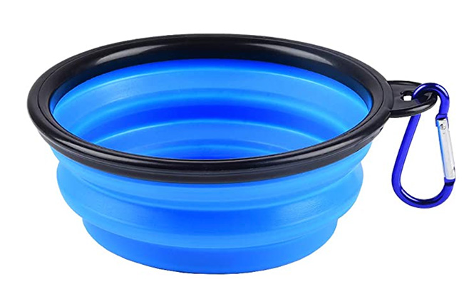 A blue collapsible dog bowl